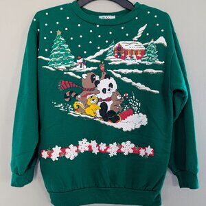 Vintage Nutcracker Kids Ugly Christmas Sweater Animals Green Size Large